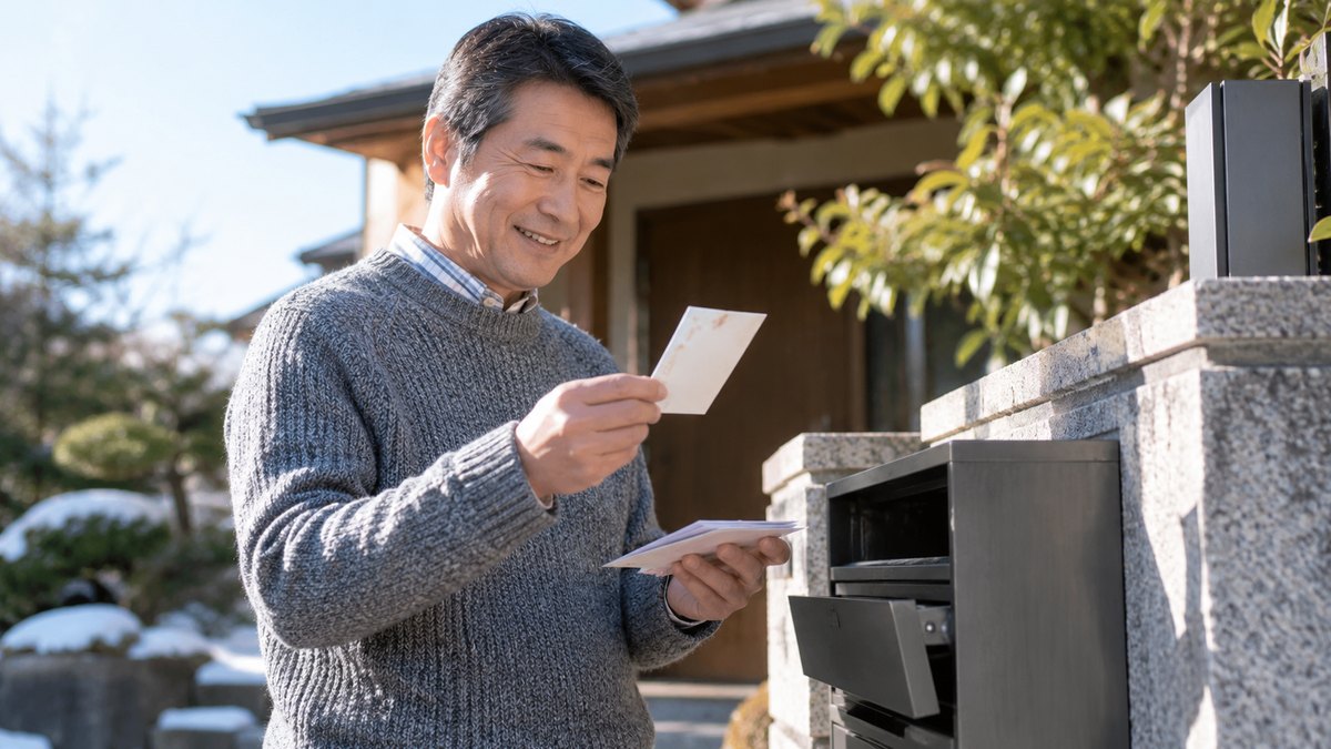 冬の朝、一戸建ての門の郵便受けから、セーター姿の50代の男性が年賀はがきの束を取り出し、一番上の1枚を手に取ってほほえんでいる。はがきの文字は読めない
