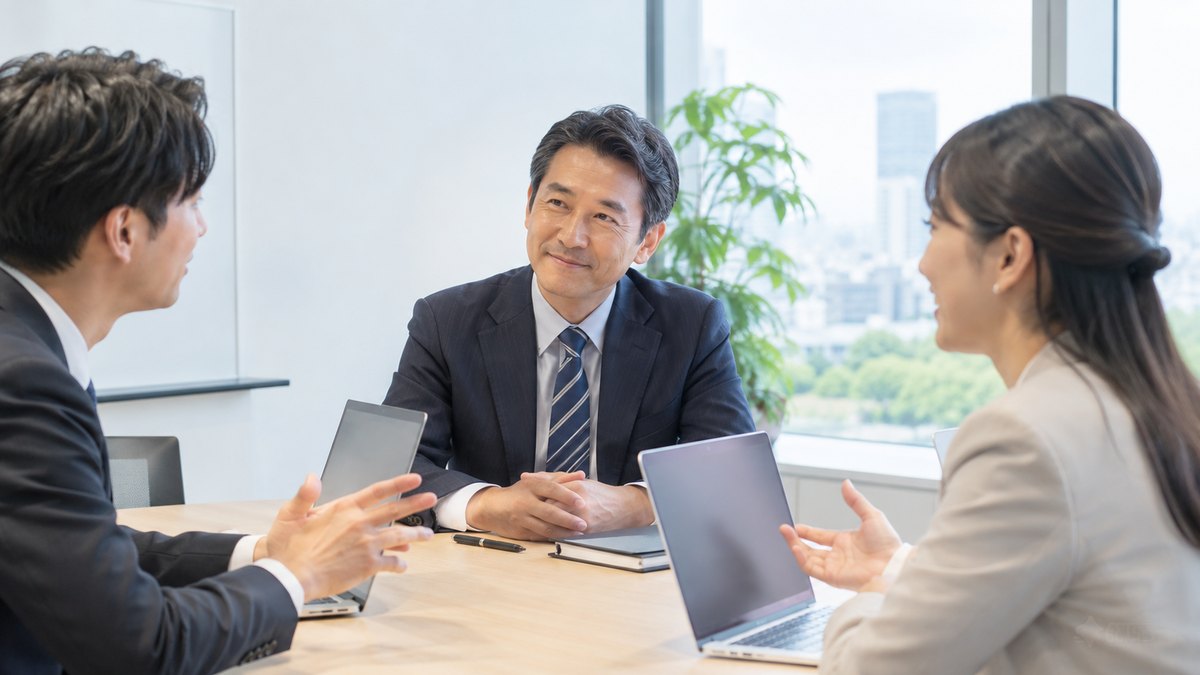 昼、会社の小さな会議室で、40代の男性の課長が若手社員2人の話を、ペンを置いて最後までうなずきながら聞いている。資料や画面の文字は見えない
