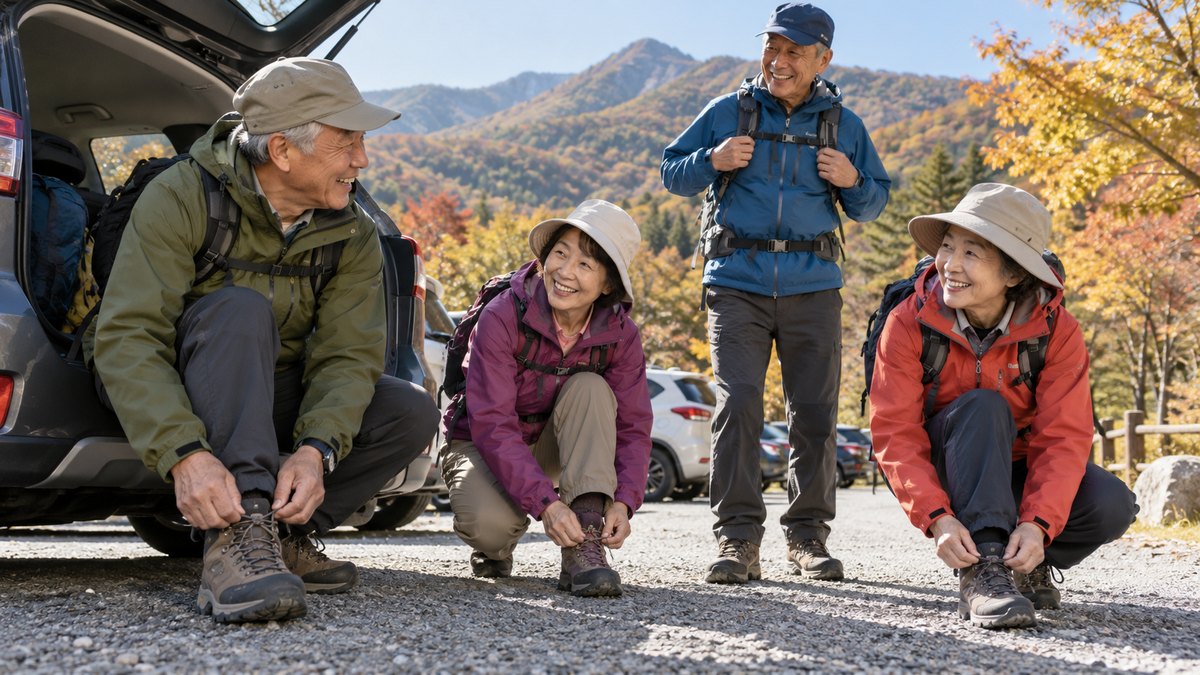 秋の朝、山の麓の登山口の駐車場で、登山服の60代の男女4人が車の横で登山靴のひもを結び、出発の準備をしながら笑っている