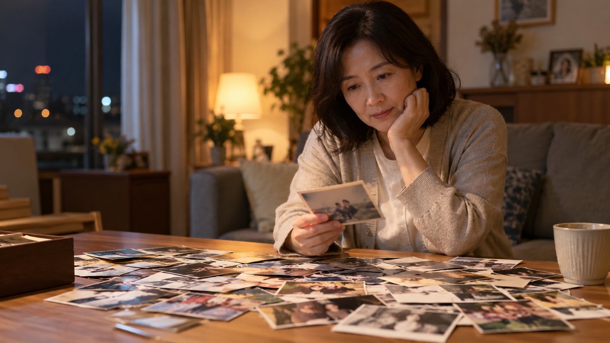 夜、自宅の居間のテーブルいっぱいに古いスナップ写真が広げられ、50代の女性がその中の1枚だけを手に取って見つめている。写真の人物の顔ははっきり写らない