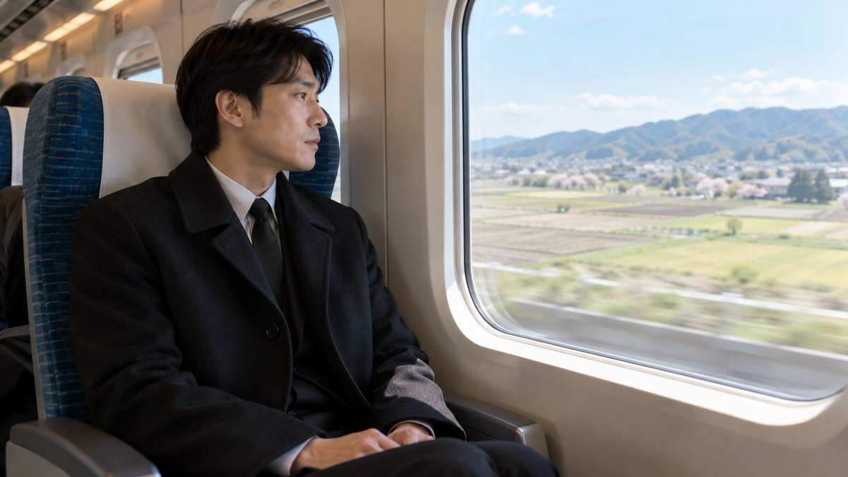 春の昼、新幹線の窓際の席で、喪服の上に黒いコートを着た30代の男性が、膝に手を置いたまま窓の外の田園をじっと見つめている