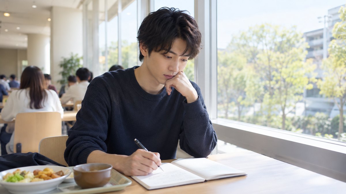 昼、大学の学生食堂の窓際の席で、20代前半の男性がトレーを脇に寄せ、ノートに短い言葉を書き出しながら考えている。ノートの文字は読めない