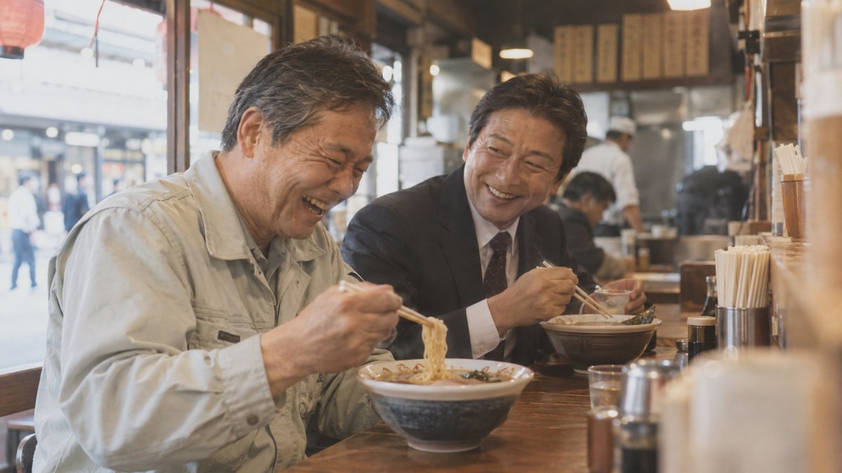 昼、駅前の小さなラーメン店のカウンター席で、作業着とスーツの50代の男性2人が並んでラーメンを食べながら笑い合っている。少し古い写真のような色合い。品書きの文字は読めない