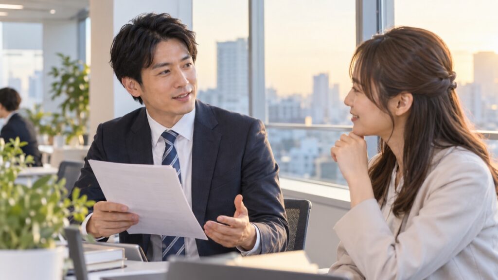 夕方のオフィスの窓辺で、資料を手に同僚の女性へ落ち着いた笑顔で説明する30代の男性