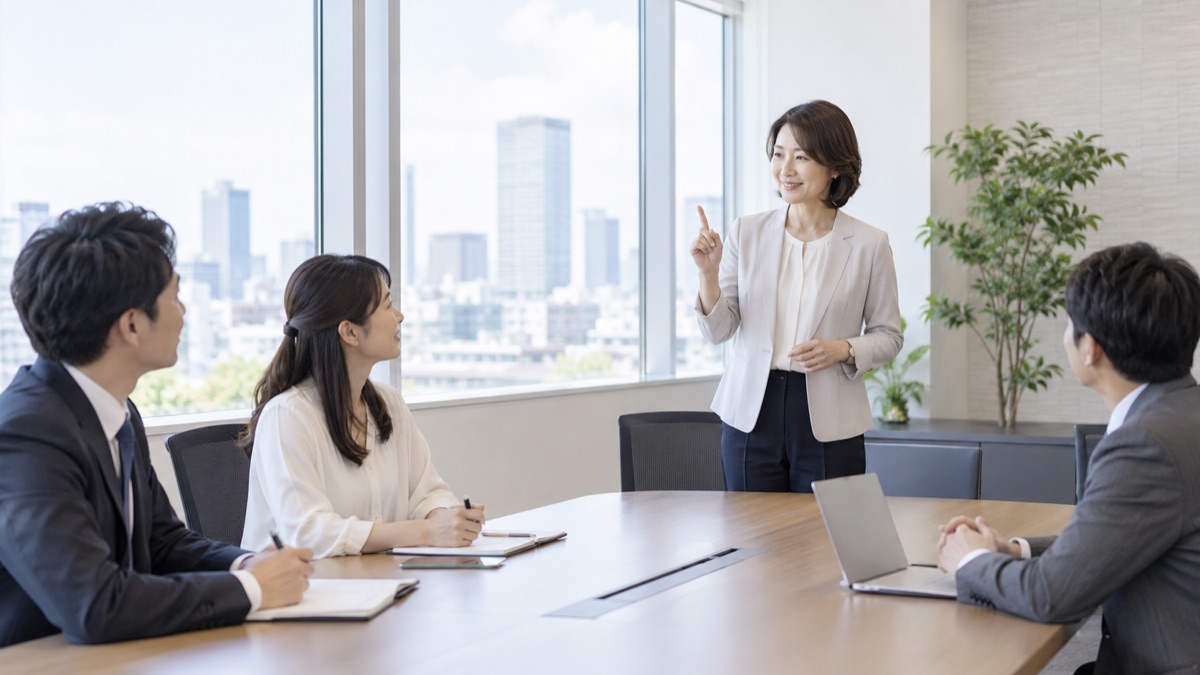 朝の会議室で、女性の進行役がテーブルの端に立ち、指を1本立てて会議の始まりを告げている