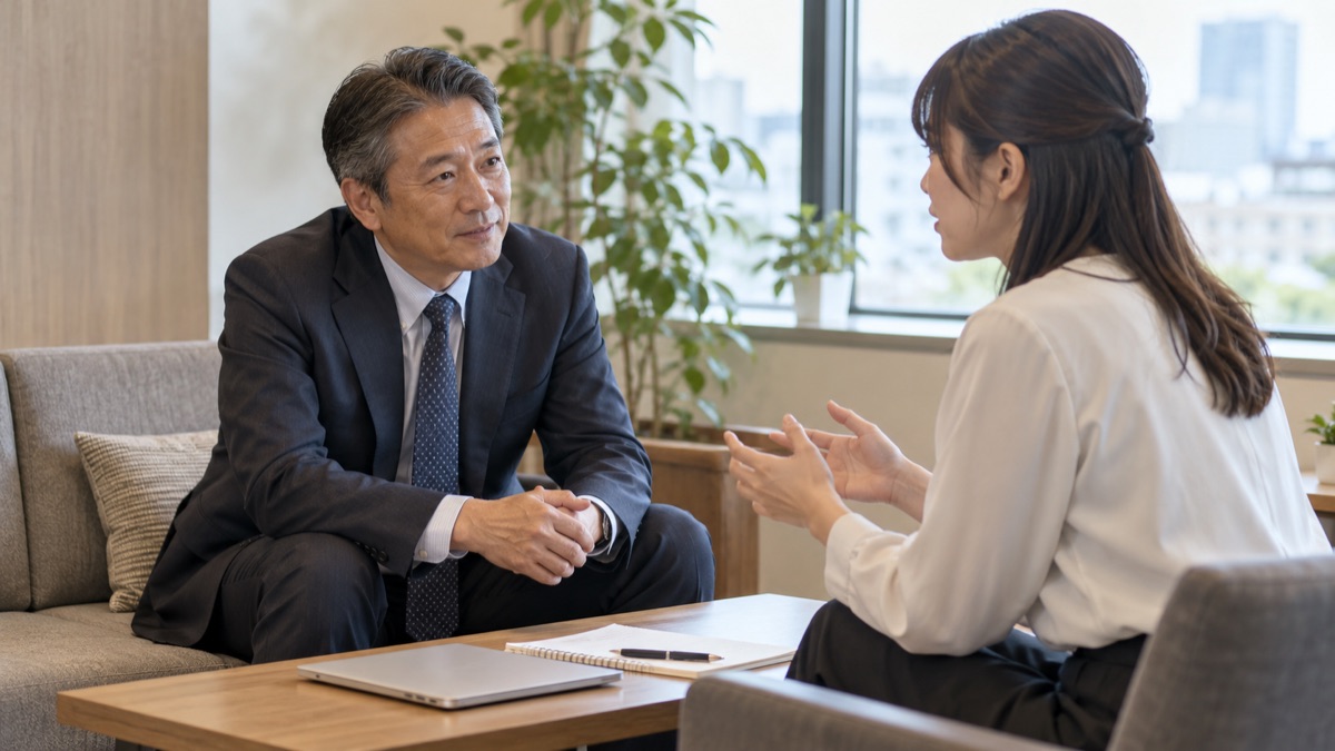 打ち合わせスペースのソファで、年配の男性が身を乗り出して若手の女性社員の話を聞いている