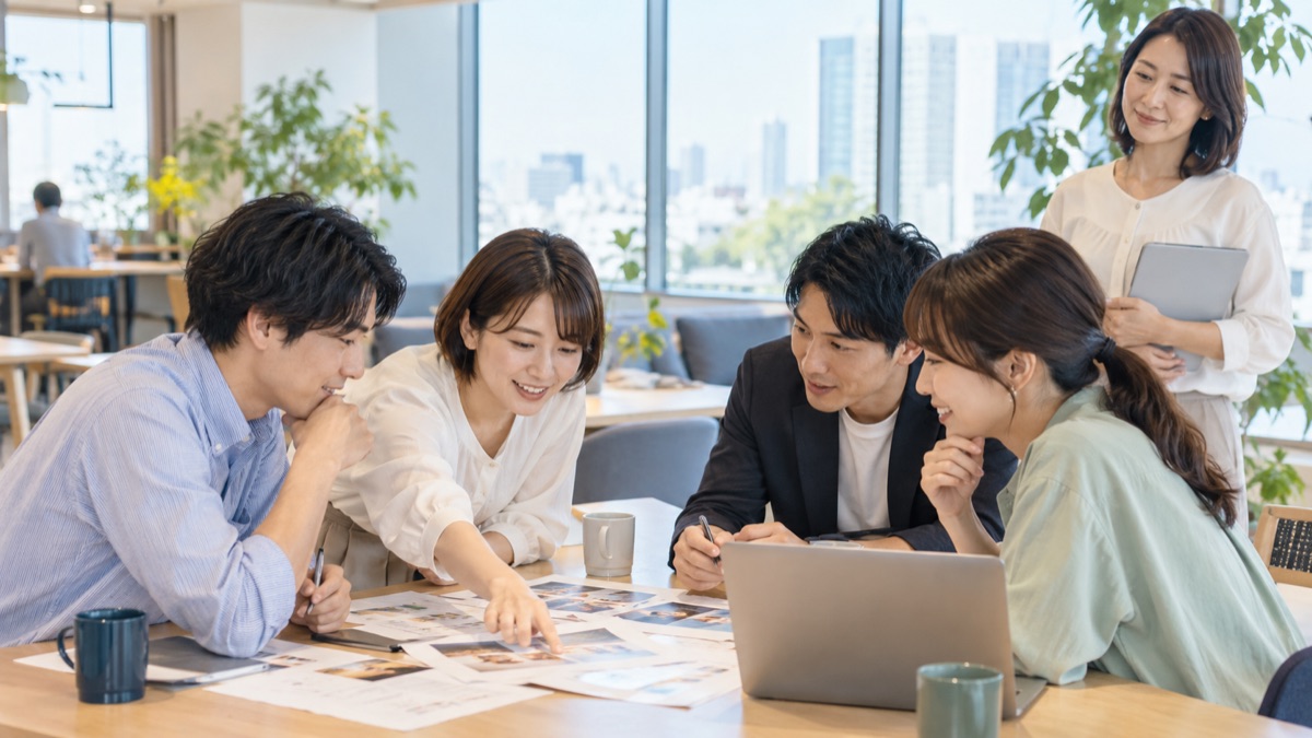 打ち合わせスペースで参加者4人が話し合い、進行役の女性が一歩引いて見守っている