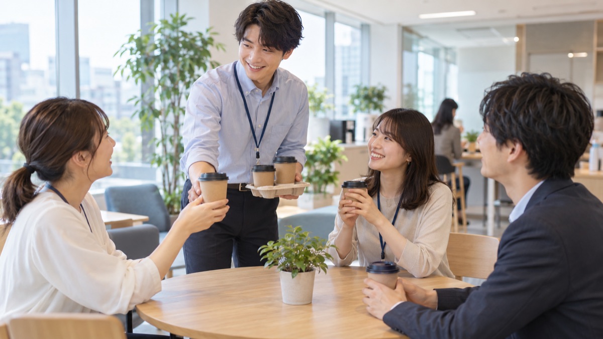 会議の前に休憩コーナーで、若手の男性社員がコーヒーを配りながら同僚と雑談している