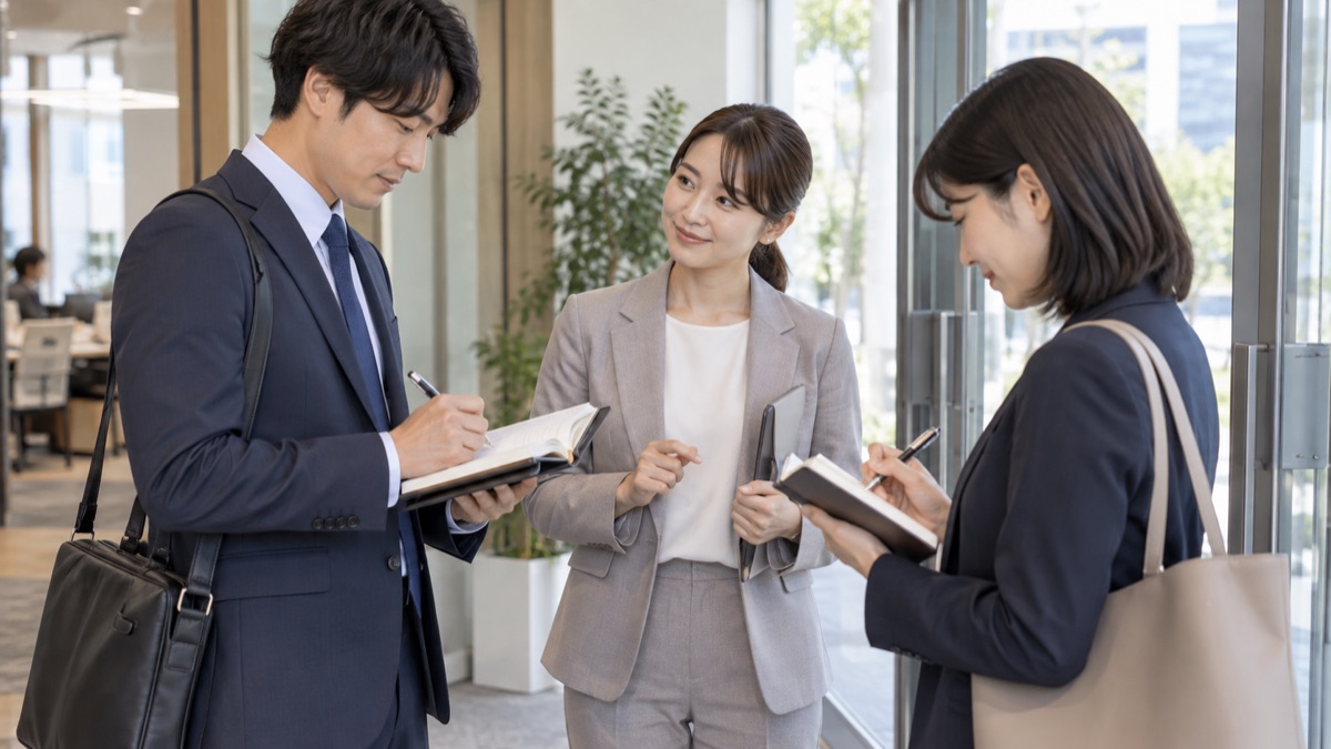 打ち合わせの後、出入口の近くで2人が手帳に次の予定を書き込み、進行役がうなずいて確かめている