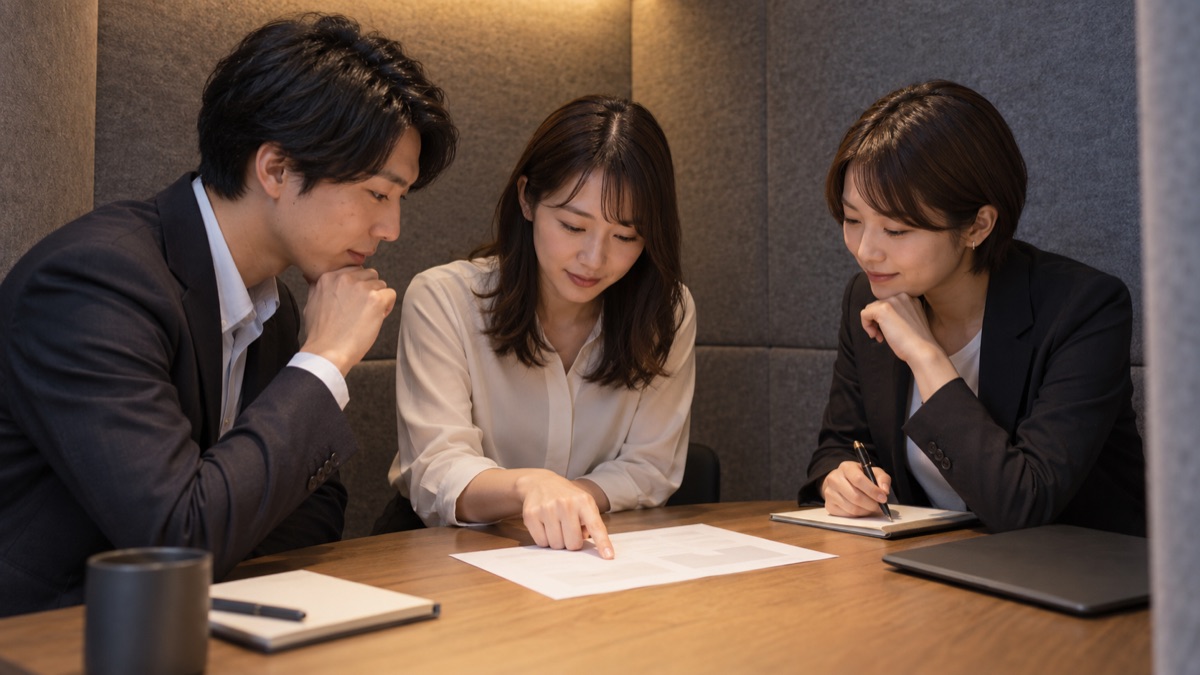 小さな打ち合わせブースで3人の社員が資料をのぞき込み、一番大事な点を選んでいる