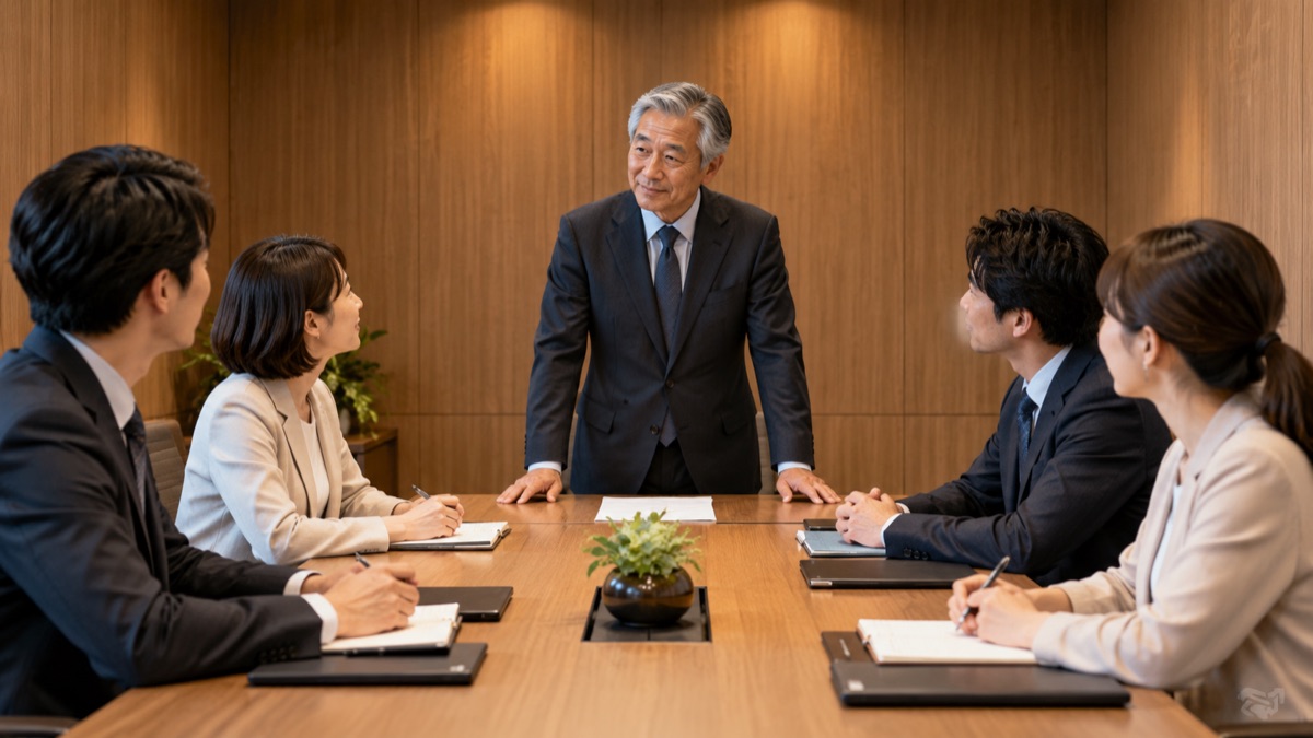 木目の壁の会議室で、年配の男性の進行役が手元の紙を置き、間を取って参加者を見渡している