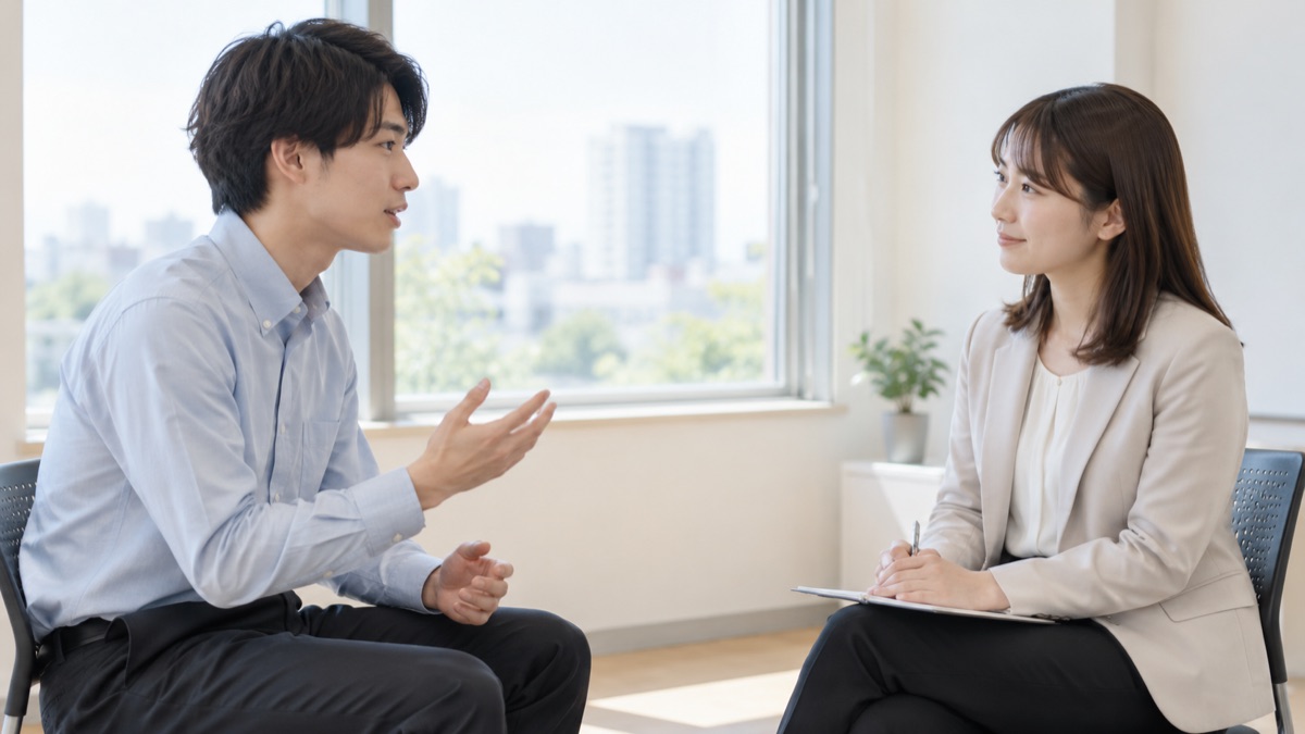 研修室で進行役の女性が黙って待ち、若手の男性が考えながら話し始めている