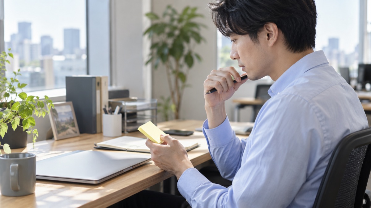 自席で男性社員が付箋とペンを手に、会議の段取りを考えている