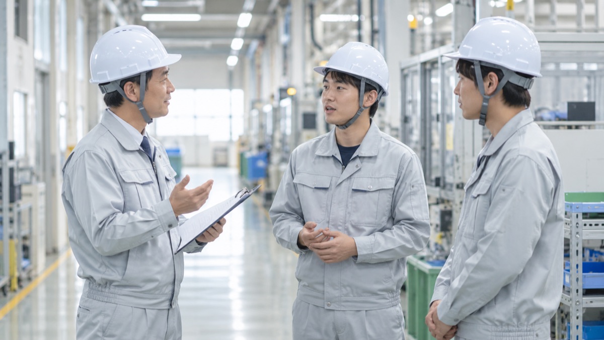 工場の通路の朝のミーティングで、班長が作業員に短く問いかけ、1人が答えている