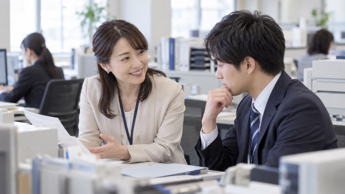 事務スペースで、ベテランの女性社員が隣の若手に体を向けて微笑み、話を促している