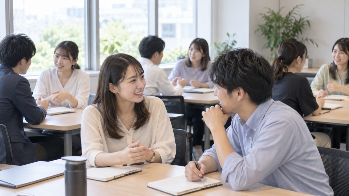 研修室で、隣り合った2人ずつのペアが小声で話し合っている