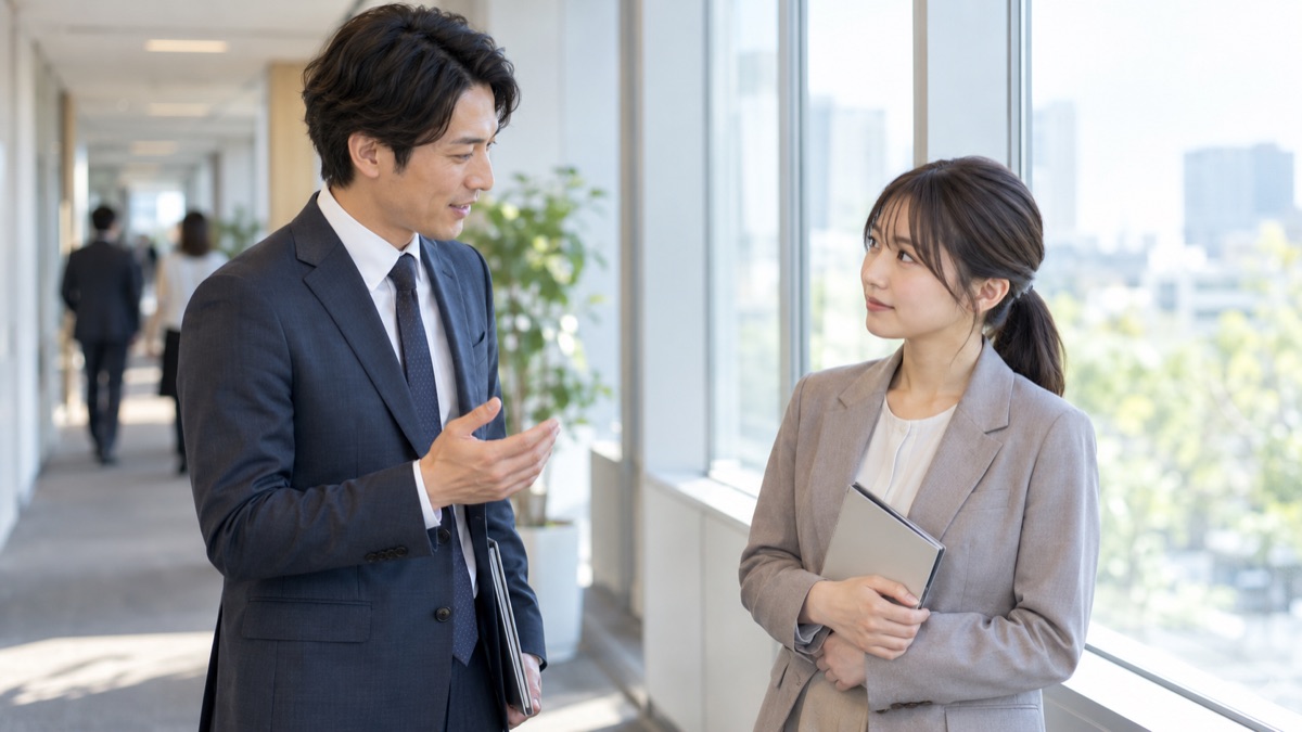 会議の後の廊下の窓際で、進行役の男性が若手の女性社員に個別に声をかけている