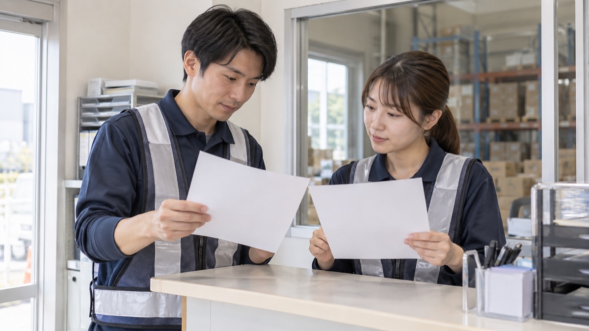 倉庫の事務所のカウンターで、2人の社員がそれぞれの案の書類を見比べている