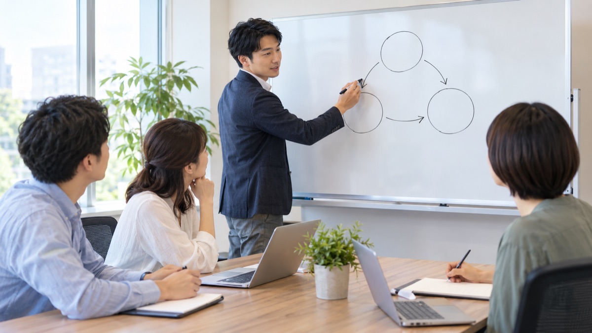 ホワイトボードの前で、進行役の男性が丸と矢印の図を描いて意見を整理している