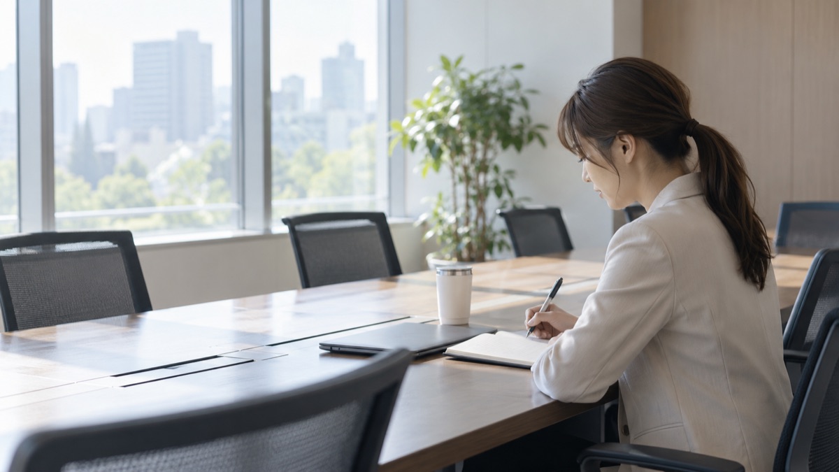 会議の後の空いた会議室で、女性社員が1人でノートに振り返りを書いている