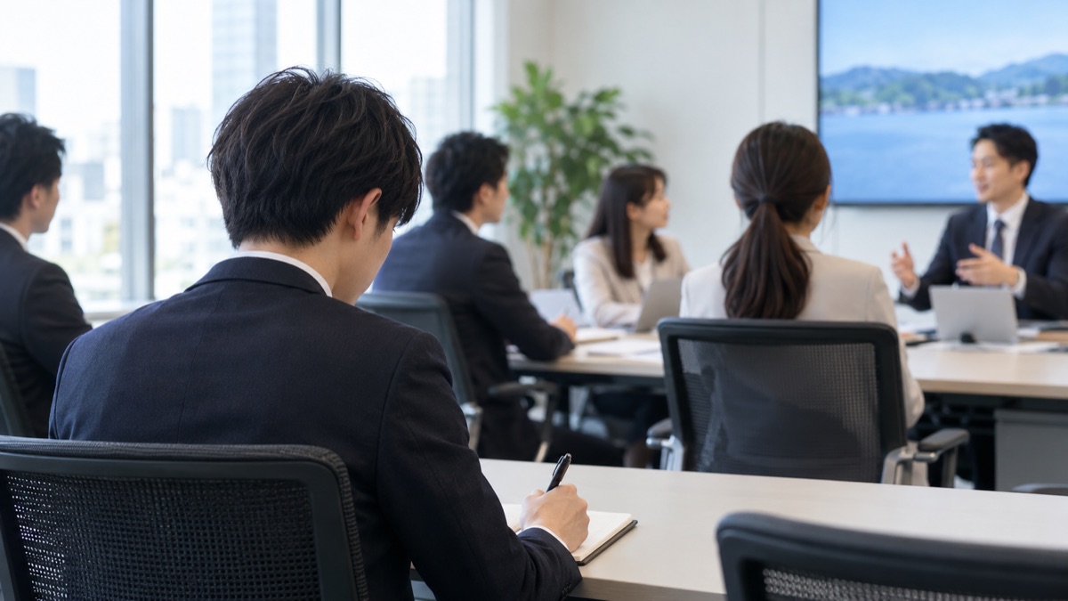 会議室の後ろの席で、若手社員が先輩の進行を見学しながらメモを取っている