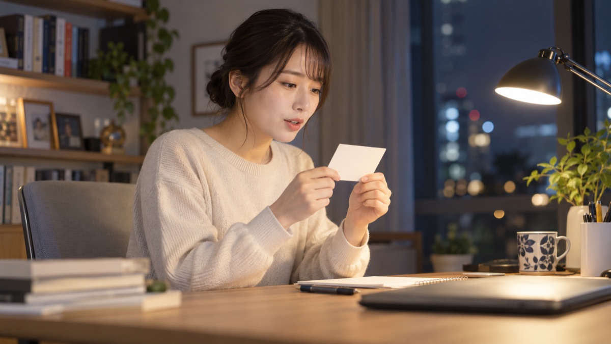 夜の自宅の書斎で、女性が小さなカードを手に最初のひと言を小声で練習している