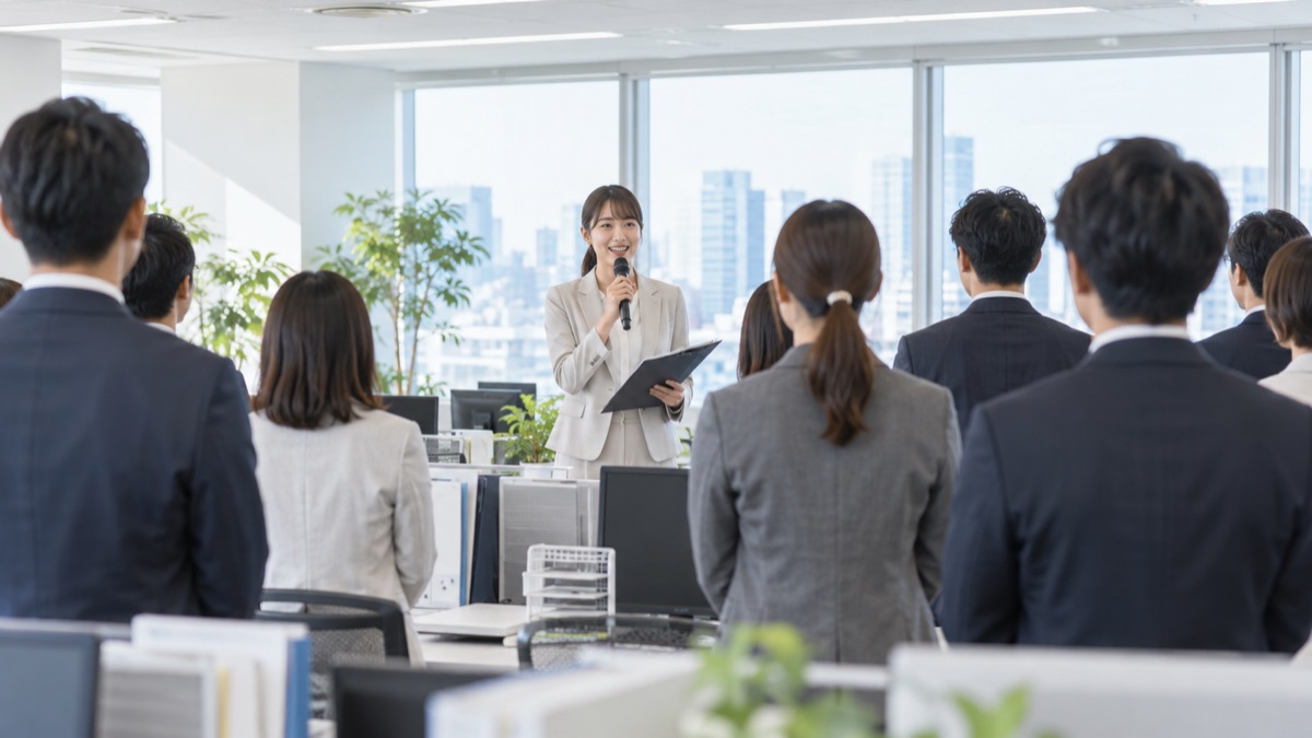 オフィスの朝礼で、若手の女性社員がマイクを持って司会をしている