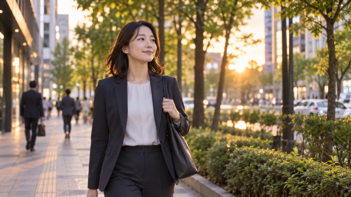 夕方の並木道を、仕事帰りの女性が肩の力を抜いてゆっくり歩いている