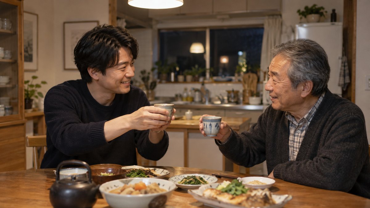 夜、実家の台所のテーブルで、30代の男性が向かいに座った60代の父親に湯のみのお茶を差し出しながら、顔合わせの乾杯をお願いしている