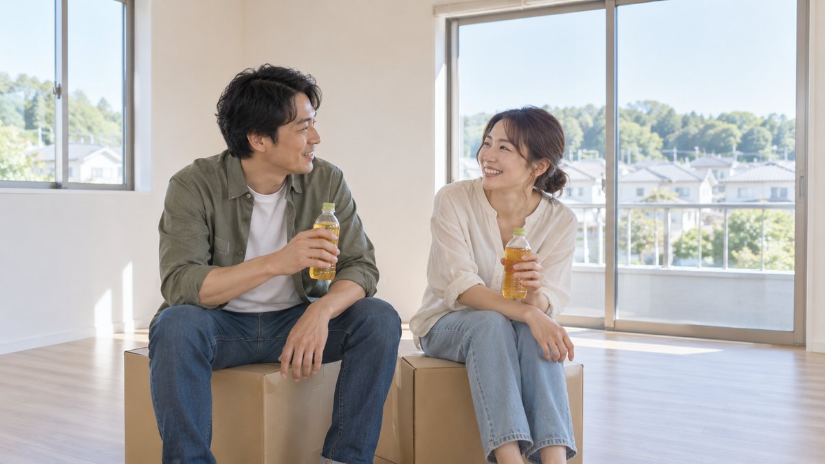 休日の昼、家具の入っていないがらんとした新しい部屋で、婚約した30代の男女が段ボール箱に並んで腰かけ、ペットボトルのお茶を手に話している。窓の外は低い住宅街と木々で、高いビルや夜景は写らない