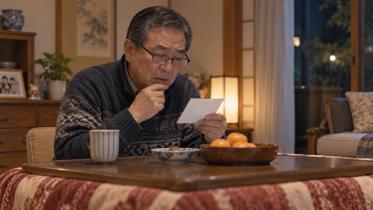 夜、実家の居間のこたつで、60代の父親が老眼鏡をかけ、息子から届いたメモを見ながら、相手の家族の名前の読み方を小声で確かめている。メモの文字は読めない