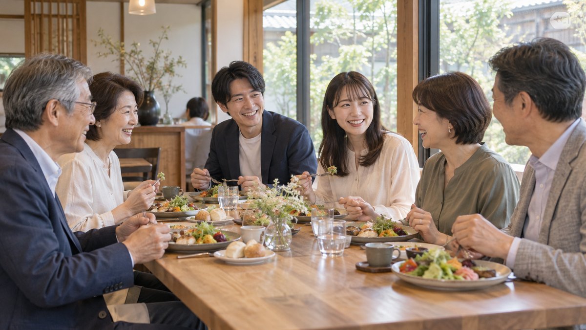 昼、和モダンのカフェレストランの窓際の長いテーブルで、両家6人がランチのプレートを前に、肩の力を抜いた様子で和やかに話している