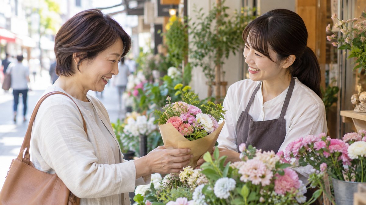 昼、商店街の花屋の店先で、50代の女性が小さな花束を選びながら、店員の女性と笑顔で言葉を交わしている