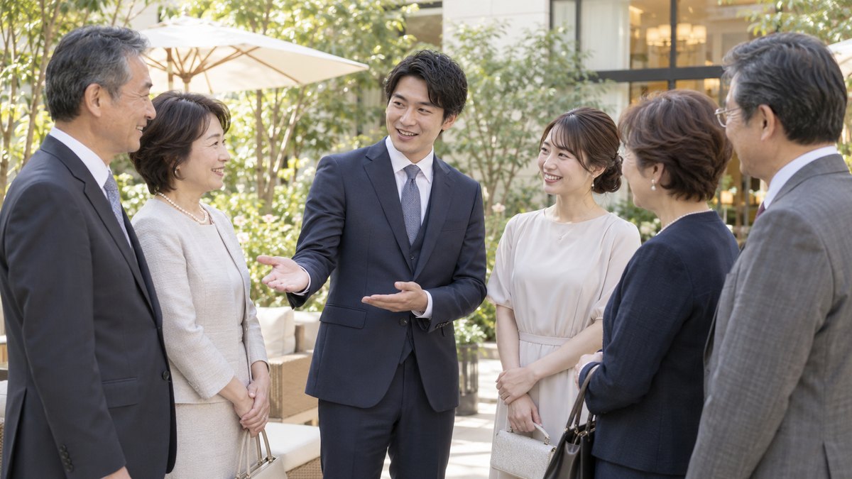 昼、ホテルの中庭のテラスで、30代の男性が自分の両親を手のひらで示しながら、向かいに立つ婚約者の両親に紹介している