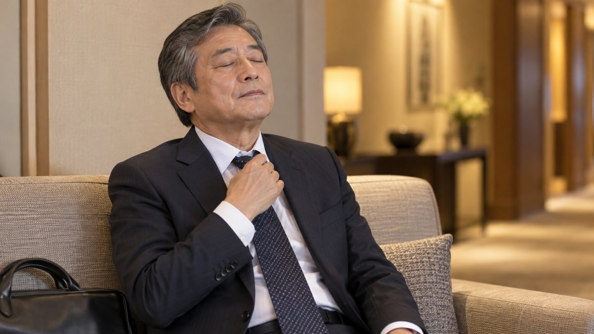 昼、ホテルの廊下の窓のないソファ席で、スーツ姿の60代の男性がネクタイの結び目を軽く直し、目を閉じてゆっくり息を吐いている
