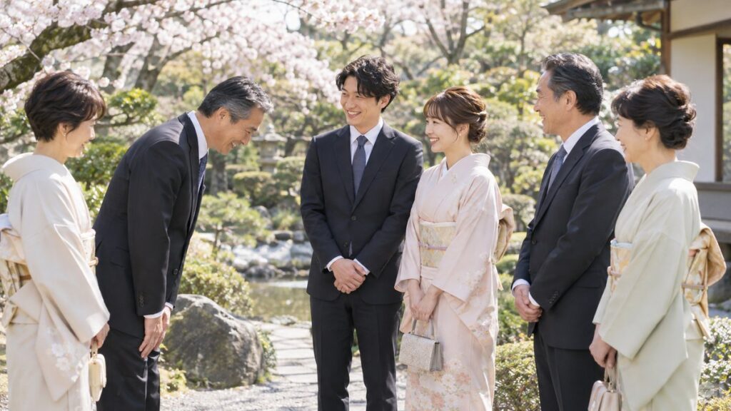 春の昼、桜の木のある日本庭園の小道で、婚約した二人を真ん中に両家の両親が並び、新郎の父親が新婦の両親に笑顔で挨拶している