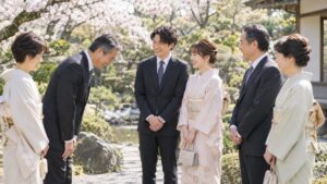 春の昼、桜の木のある日本庭園の小道で、婚約した二人を真ん中に両家の両親が並び、新郎の父親が新婦の両親に笑顔で挨拶している