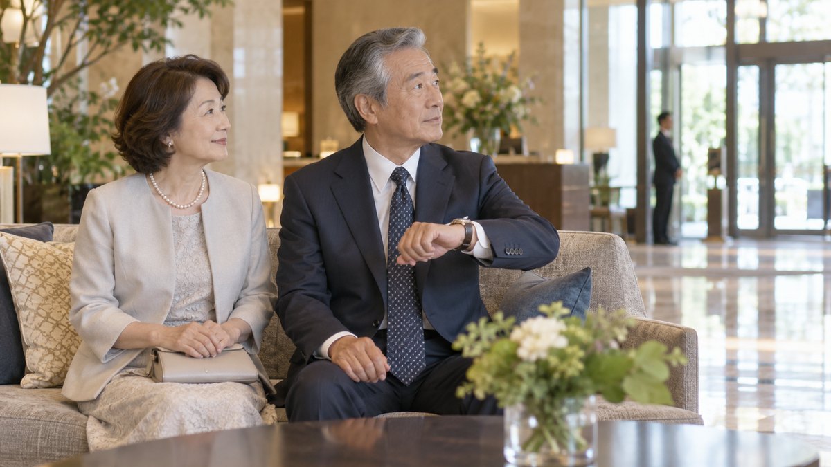 昼、ホテルのロビーのソファに、スーツと上品なワンピース姿の60代の夫婦が並んで座り、夫が腕時計を見ながら、入口の方へ顔を向けて相手の家族の到着を待っている