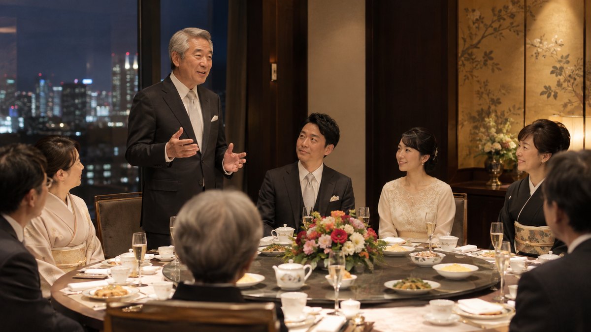 夜、ホテルの中国料理店の個室で、丸いテーブルを囲んだ両家のうち、新郎の60代の父親が椅子から立ち上がり、手元を見ずに穏やかな顔で話し始めている