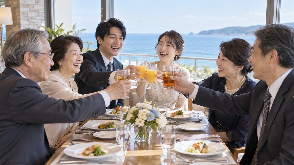 昼、海の見えるホテルのレストランの窓際の席で、両家6人がジュースとお茶のグラスを胸の高さに持ち上げ、乾杯の声に合わせて笑っている