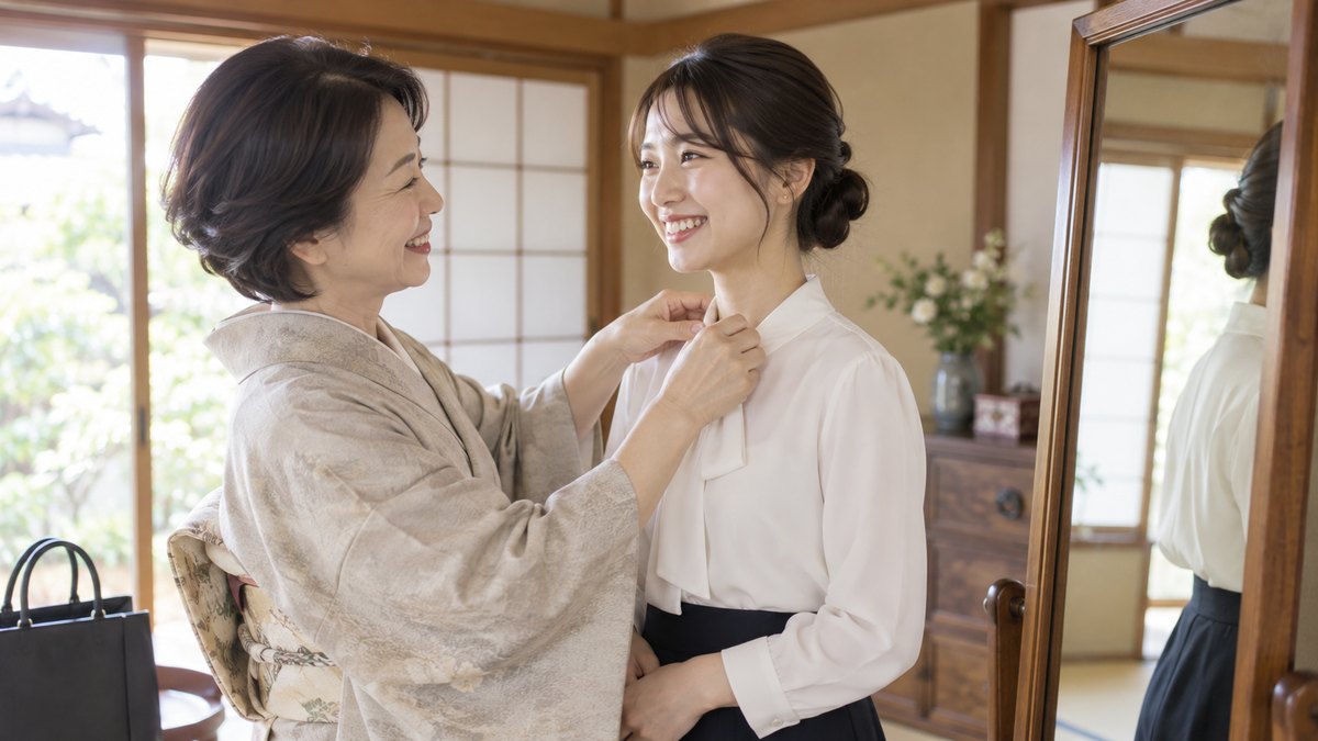 朝、実家の和室の姿見の前で、50代の母親が、顔合わせに出かける前の娘のブラウスの襟元を直してあげながら、二人で笑い合っている