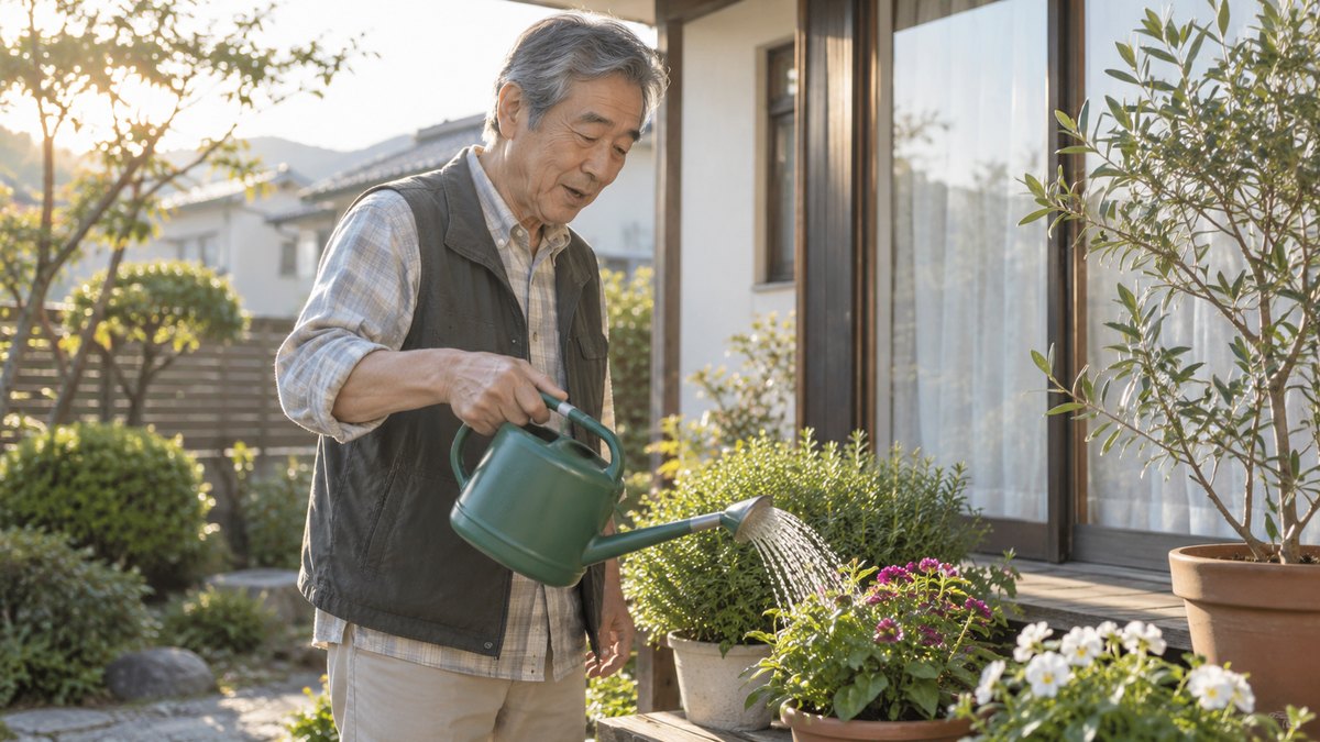 早朝、一戸建ての小さな庭で、60代の父親が鉢植えに水をやりながら、小さく口を動かして言葉を確かめている