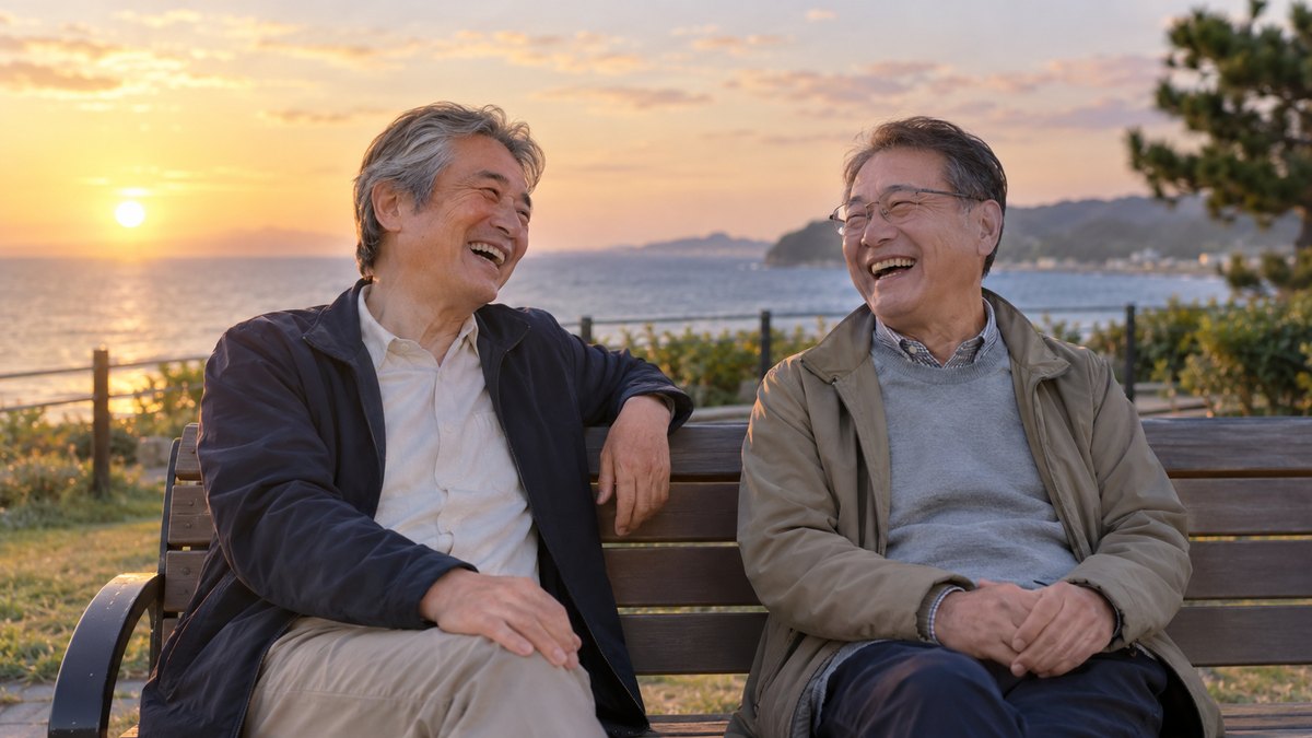 夕方、海の見える公園のベンチで、両家の60代の父親2人が並んで座り、打ち解けた様子で声を出して笑っている