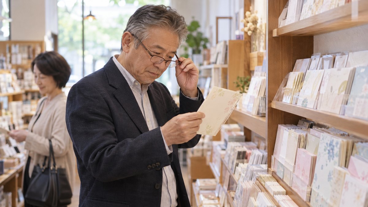 昼、文房具店の便せん売り場で、60代の男性が便せんを1冊手に取り、眼鏡をずらして紙の色を見比べている。商品の文字は読めない