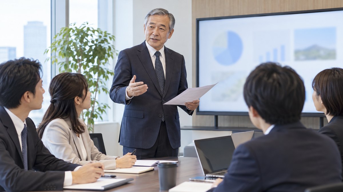 昼、会社の会議室で、スーツ姿の60代の男性が部下たちの前に立ち、落ち着いた様子で資料を手に説明している。資料やスクリーンの文字は読めない