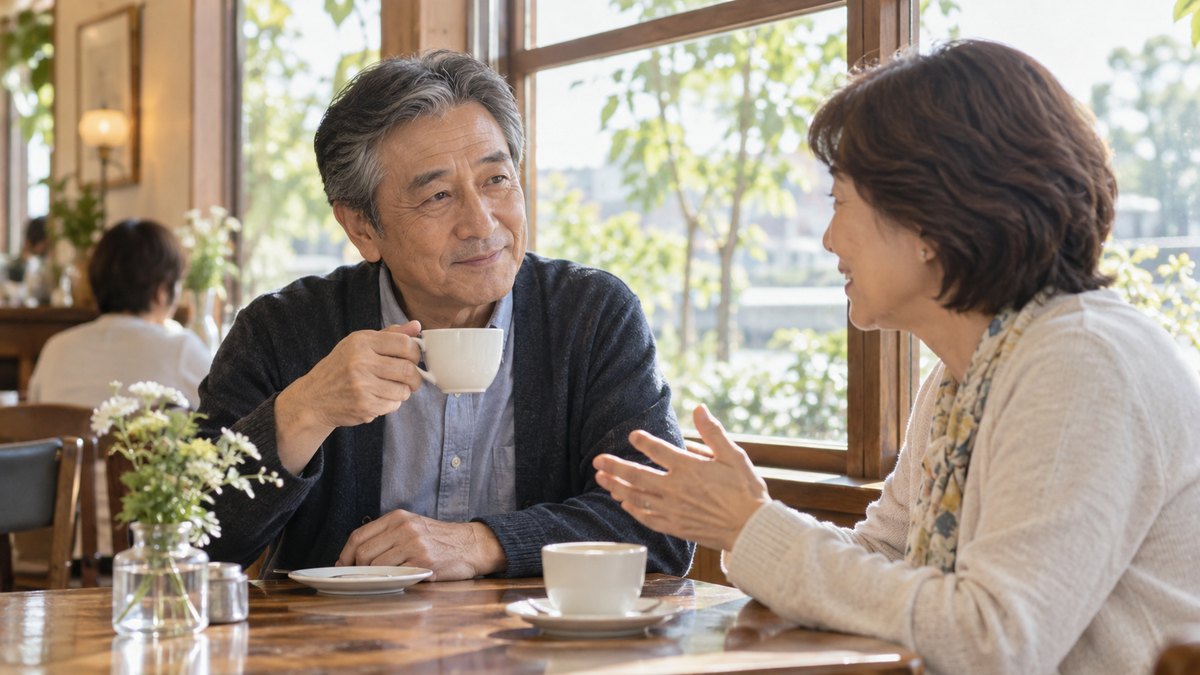 昼、喫茶店の窓際の席で、60代の男性が向かいに座った妻の話に耳を傾け、コーヒーカップを手にゆっくりうなずいている