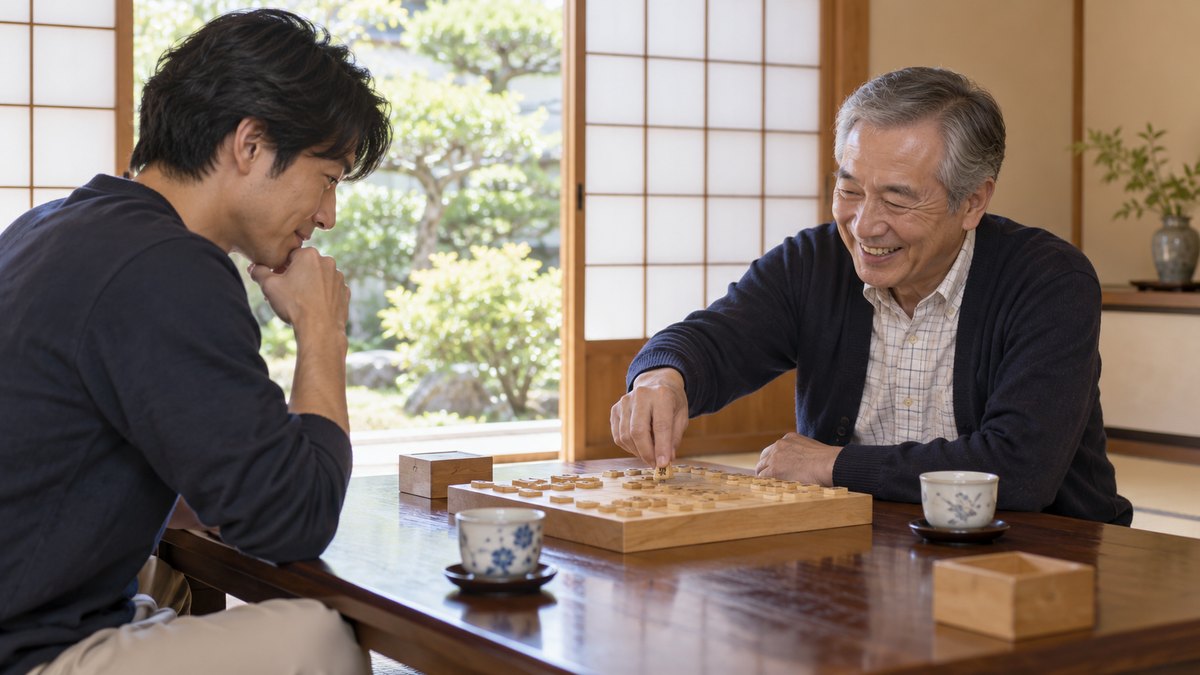 休日の昼、和室の居間で、30代の男性と婚約者の60代の父親が座卓をはさんで将棋を指し、父親が楽しそうに笑っている。障子と庭木だけが見え、川や夕焼けは写らない