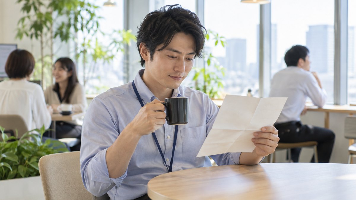 会社の昼休み、オフィスの休憩スペースで、30代の男性がコーヒーを片手に、折りたたんだ紙1枚を広げて眺めている。紙の文字は読めない