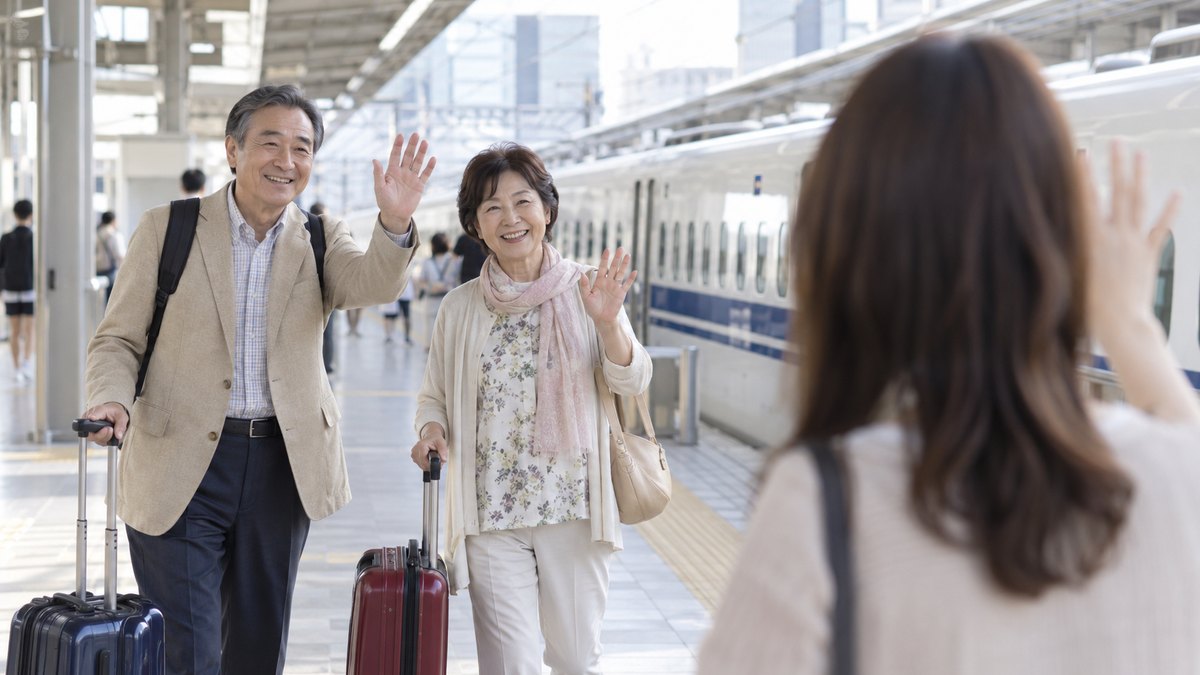昼、新幹線の駅のホームに降り立った60代の夫婦が、小さなキャリーケースを引きながら、出迎えた30代の娘に手を振っている。駅名の表示は写らない