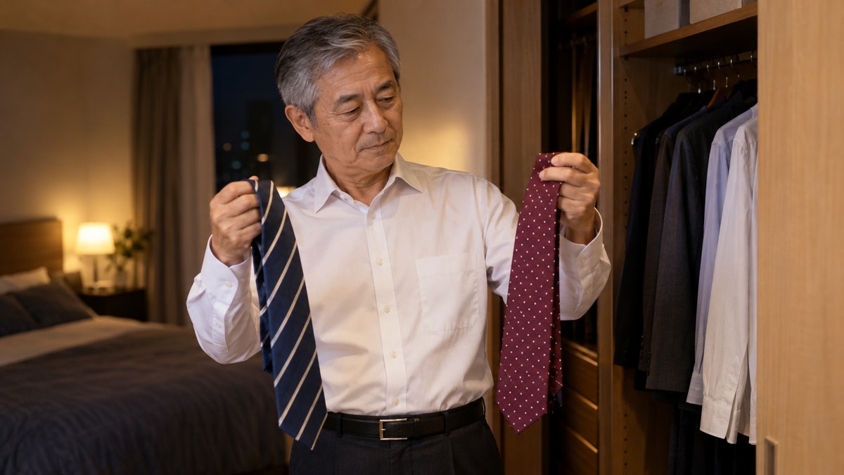 夜、寝室のクローゼットの前で、60代の男性がネクタイを2本手に取り、どちらにするか見比べている